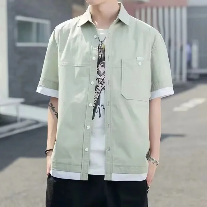 Quick Dry Short Sleeve Ice Silk Shirt Men's Summer Trendy Workwear Brand Patchwork Loose Fit Cleanfit Style Regular Length
