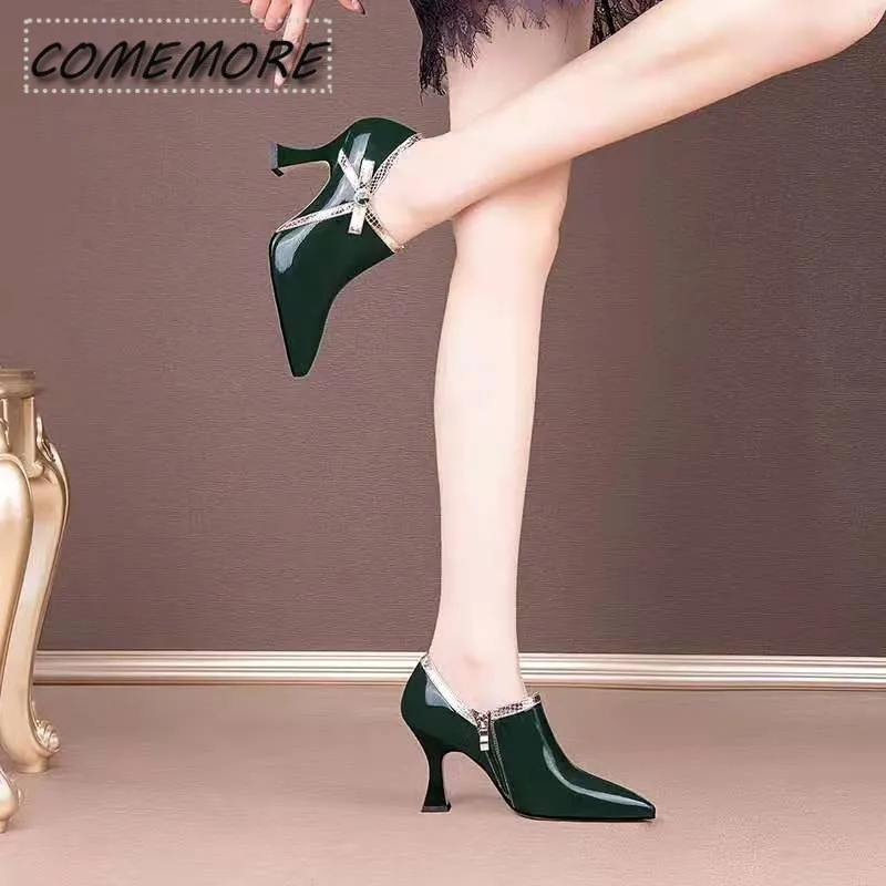 Fashion Shoes Women New Pumps High Heels Pointed Toe Rhinestone Bowtie Side Zip Elegant Female Footware Black Green Comfortable