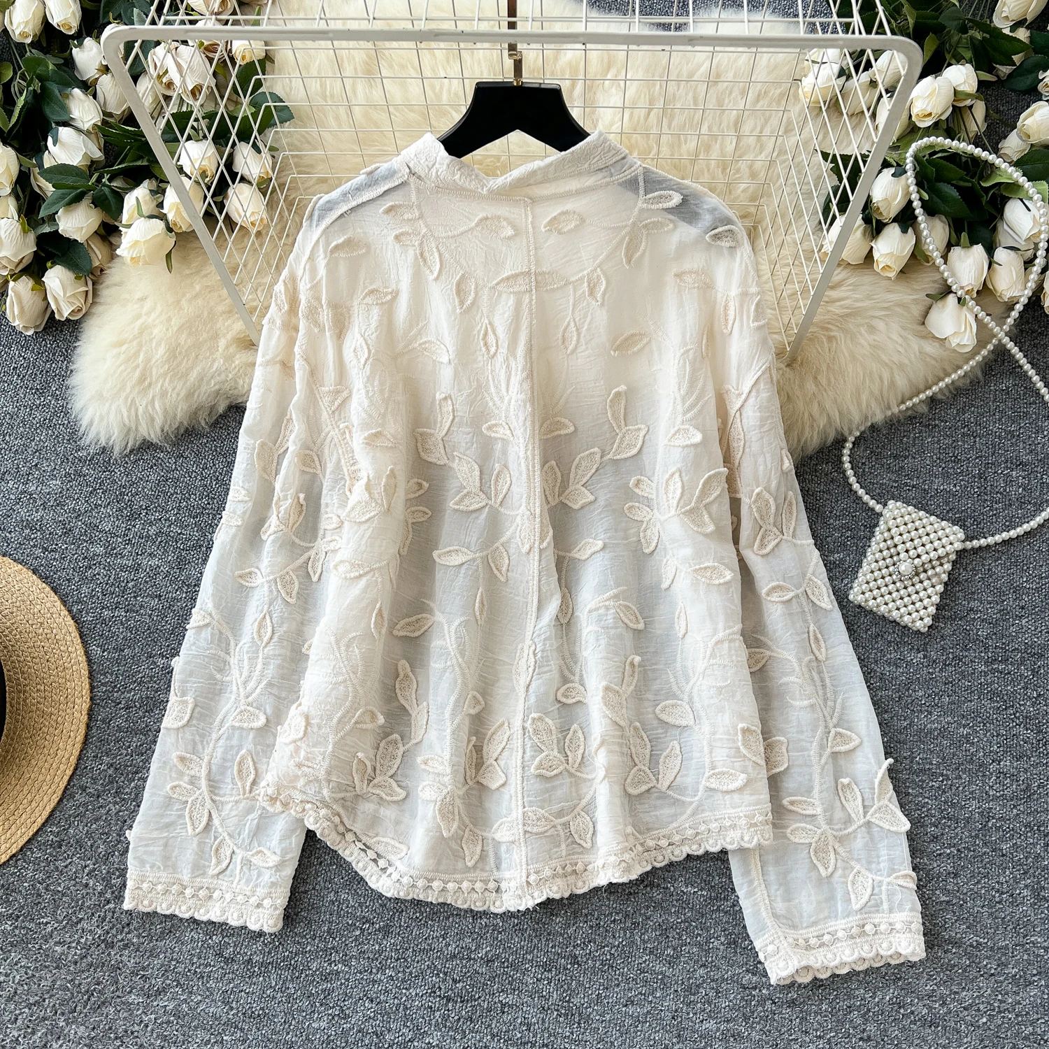 Vintage Elegant Embroidery Long Sleeve Blouse Fashion Single Breasted sweet Shirt  Casual Chic Top Fairy  Summer Women