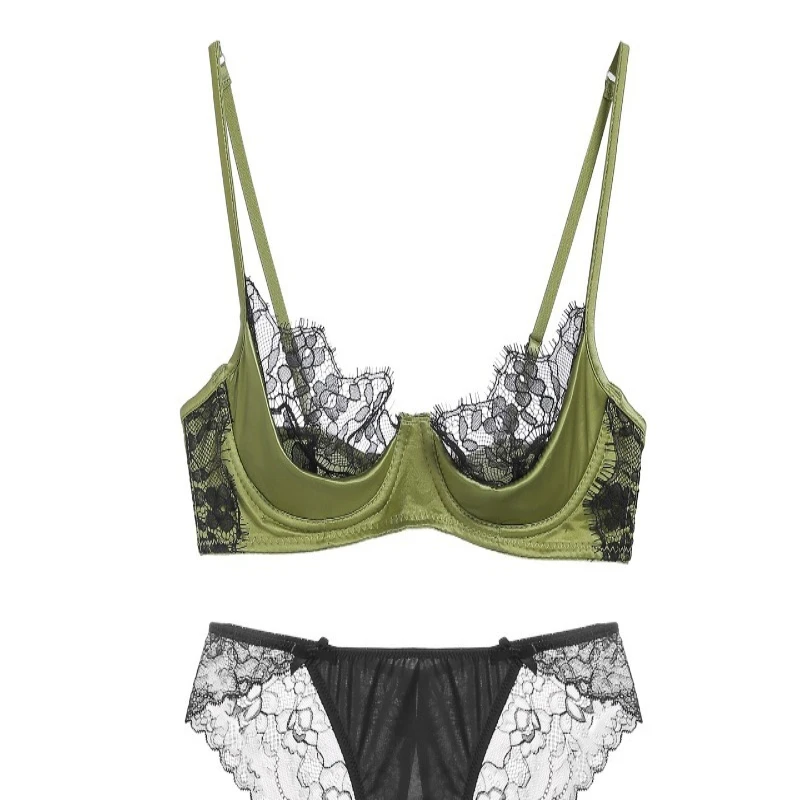 MOYISU No‑Wire French Lace Half‑Cup Bra Set Women Ultra‑Thin Transparent Green Lingerie, Daily Brassiere 32‑38 AB for Small Bust