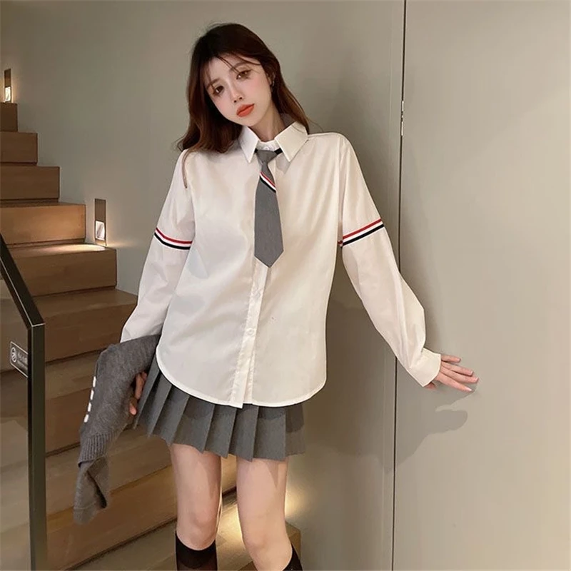 Conjunto de uniforme JK informal suelto japonés coreano para mujer, Chaleco de punto gris de 4 piezas, camisa de corbata, Falda plisada de cintura alta, primavera y otoño