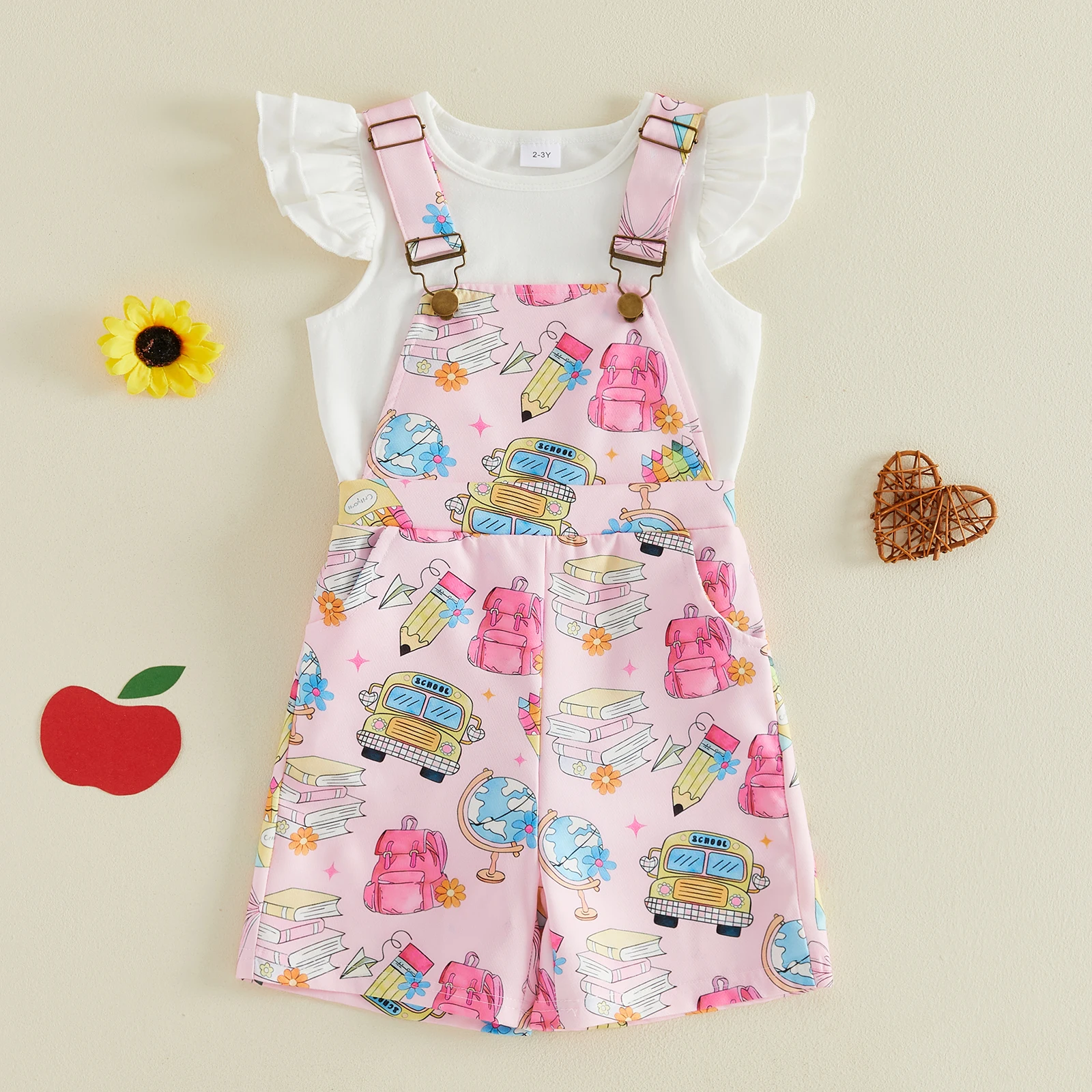 2-6Y Girls Back to School Outfits Fly Sleeve T shirt Tops Overall Shorts Set Kids Clothes Set 2pcs