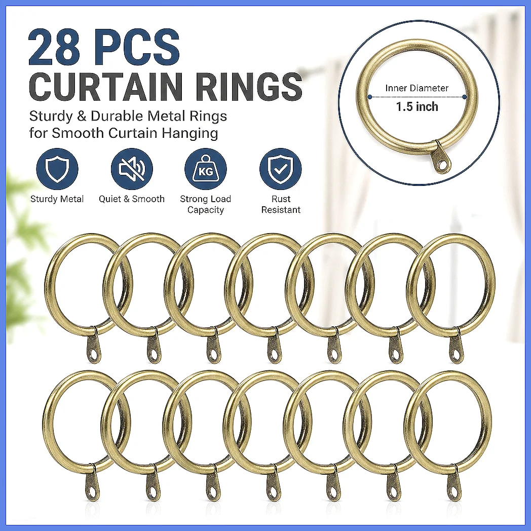 28Pcs 32mm Metal Shower Curtain Rings Hooks for Curtain Rods, Rustic Drapery Hanging Hooks, Bathroom Accessories, Smooth Glid