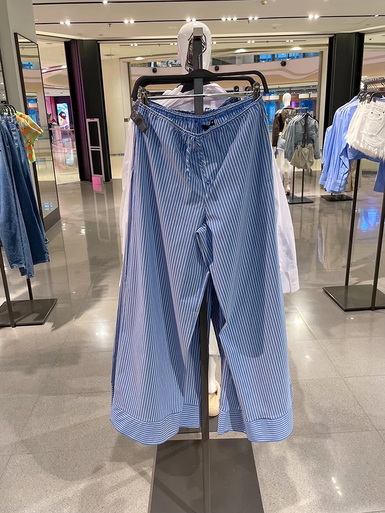 

Summer New Women's Casual Elastic Waist Striped Long Pants Loose Fit Comfortable Wide Leg Trousers Fashionable Belted Design