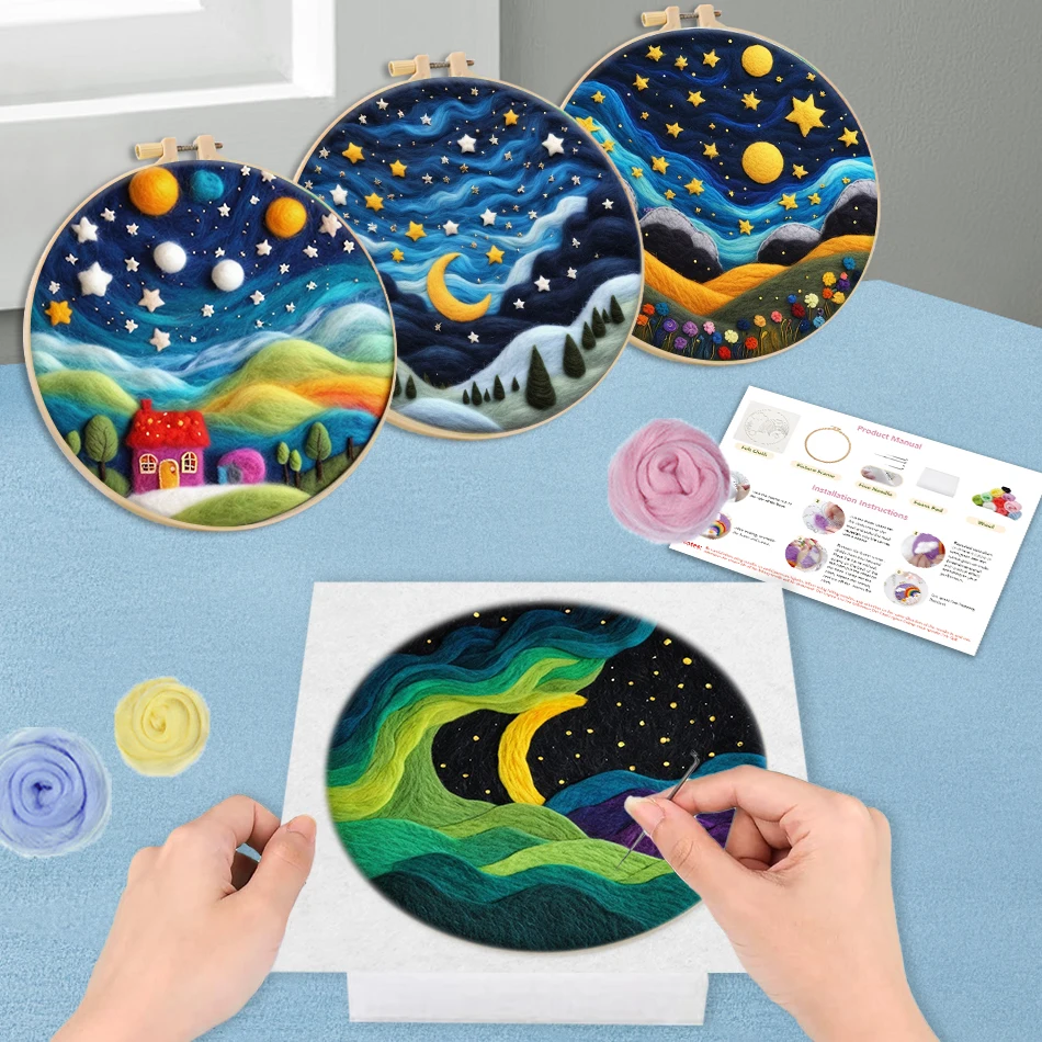 

RUOPOTY Wool Felt Painting Night sky scenery Embroidery Frame Cross Stitch Sewing Kit Colors Sewing Diy Set Gift Home Decoration
