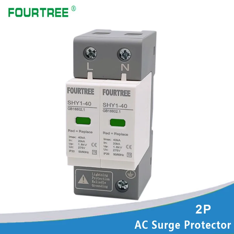 SPD AC 2P Surge Protection 20〜40KA 30KA〜60KA House Lightning Protector Low-Voltage Arrester Device 275V 385V Din Rail