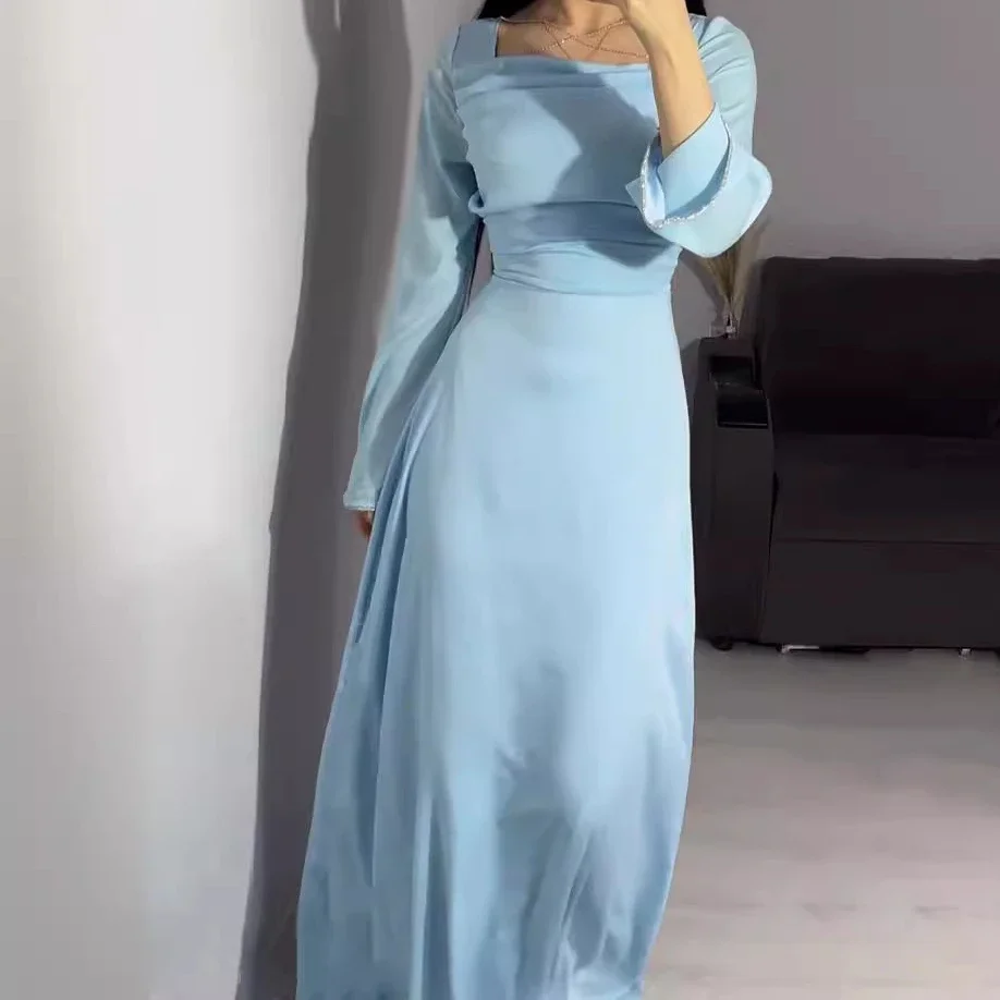 Women Dress Slim Blue Long Dresses Square Collar Long Sleeve Sexy High Waist Floor Length Vestidos Party Elegant Splice Summer