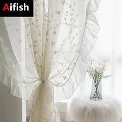 Tende in Tulle con fiori ricamati trasparenti bianchi tende per finestre traspiranti in lino con Design elegante francese con volant per soggiorni