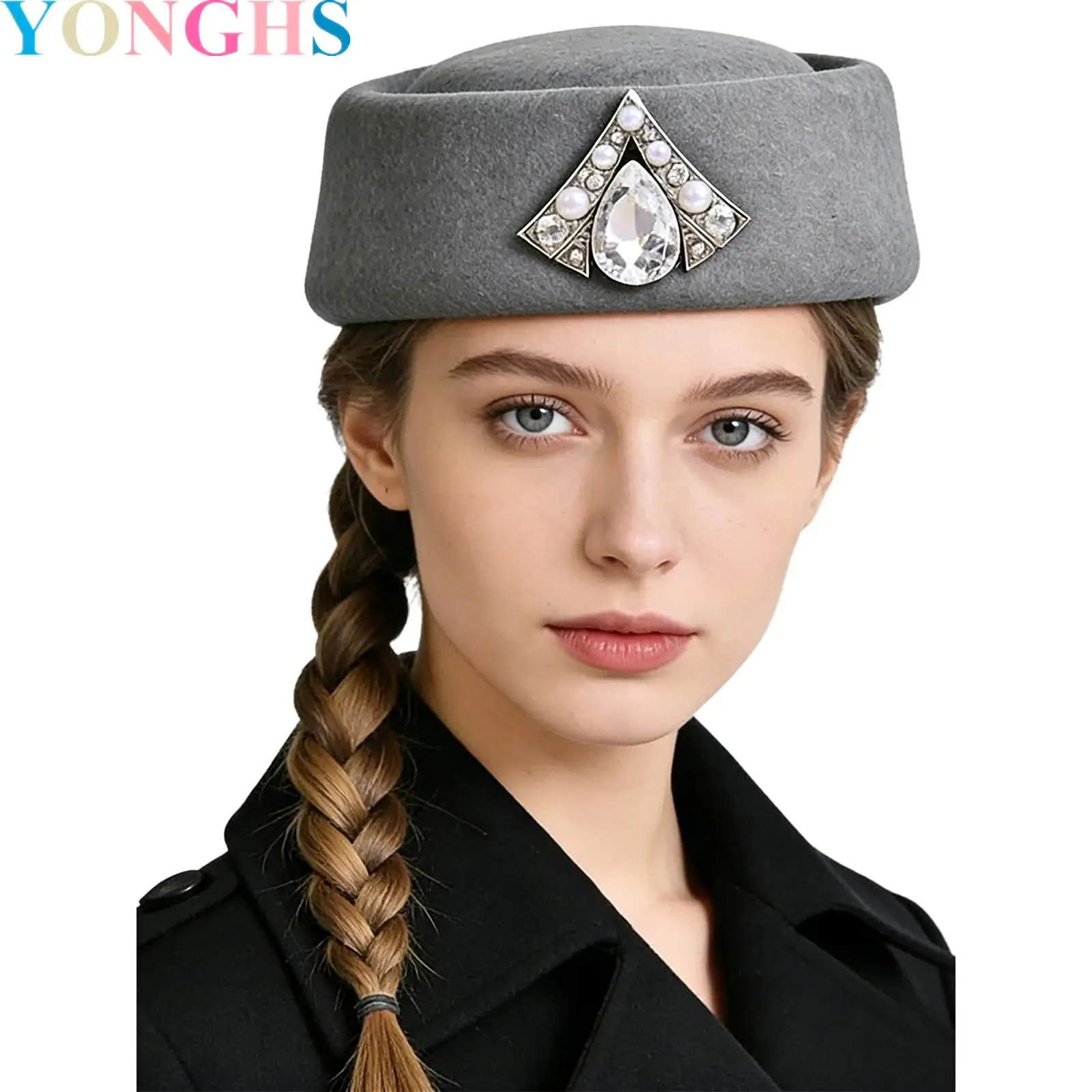 

Women Uniform Vintage Hat Felt Stewardess Pillbox Hat Flight Attendant Solid Color Cap Adorned with Rhinestone