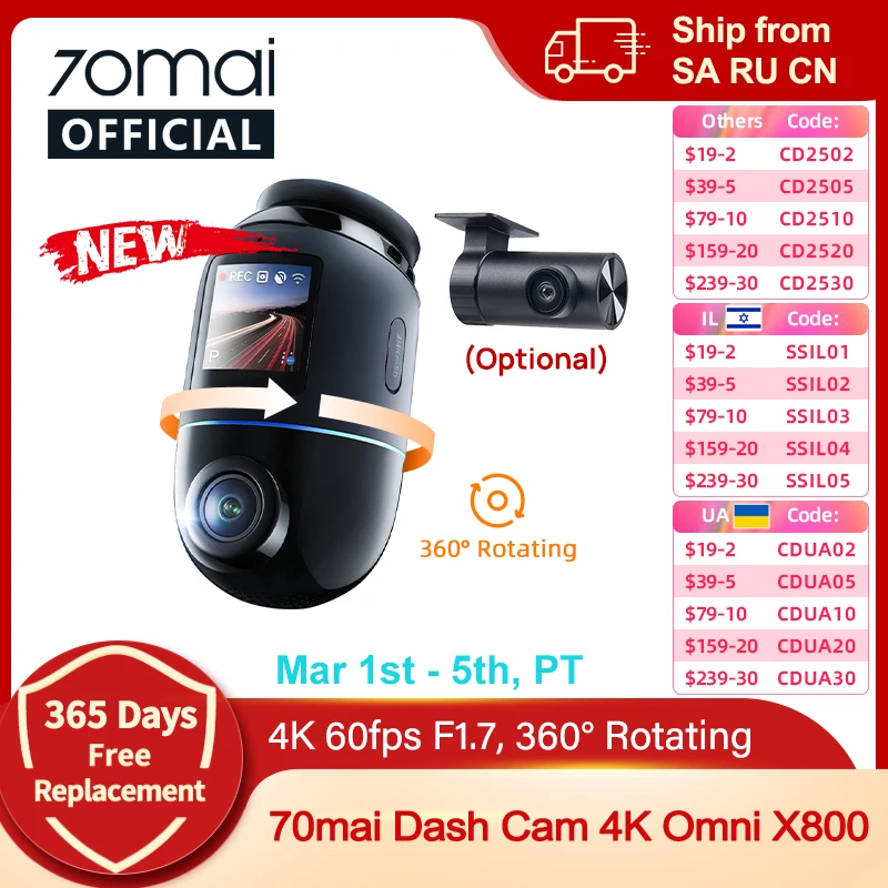 Global Version 70mai Dash Cam 4K Omni X800 HDR 360° Rotating Dual-Channel Supported 4G Compatible Supercapacitor 70mai X800 Omni