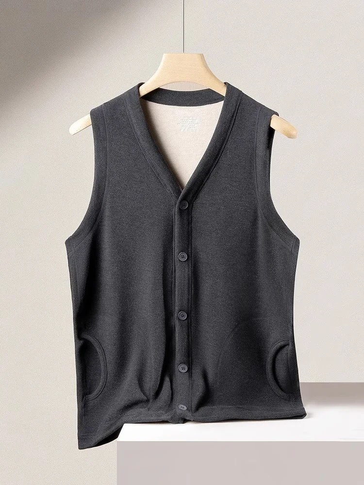 Men's Velvet Thicken Warm Vest Autumn Winter V Neck Button Inner Wear Vest with Pocket Male Casual Mulberry Silk Waistcoat Male