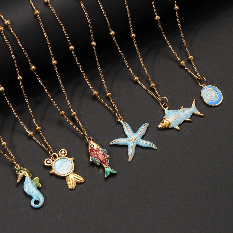 1pcs Cute Enamel Sea Animal Colorful Fish Blue Starfish Tortoise Shark Stainless Steel Gold Color Necklace Summer Beach Jewelry