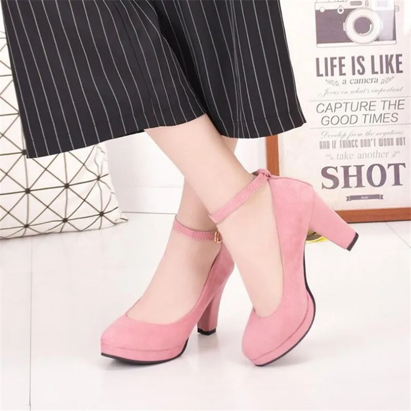 Spring Women Pumps Flock Sweet Thick High Heels Ankle Strap Female Platform Classic Round Toe Dress Cute Shoes Ladies Footwear