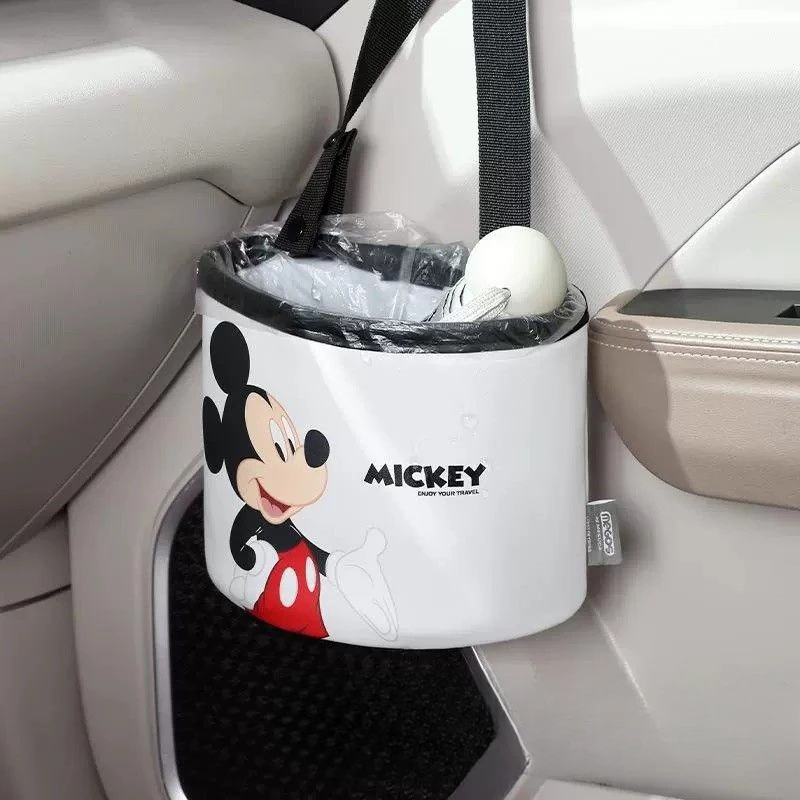 MINISO Disney Minnie Car Seat Garbage Storage Bucket Cartoon Mickey Winnie Bear Umbrella Water Cup Storage Bucket Car Decoration