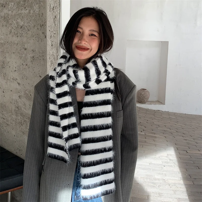 Luxury Brand Winter Scarf Women Faux Fur Warm striped Foulard 2022 Female Scarves Wraps Thick Soft Bufanda Shawl Long Stole