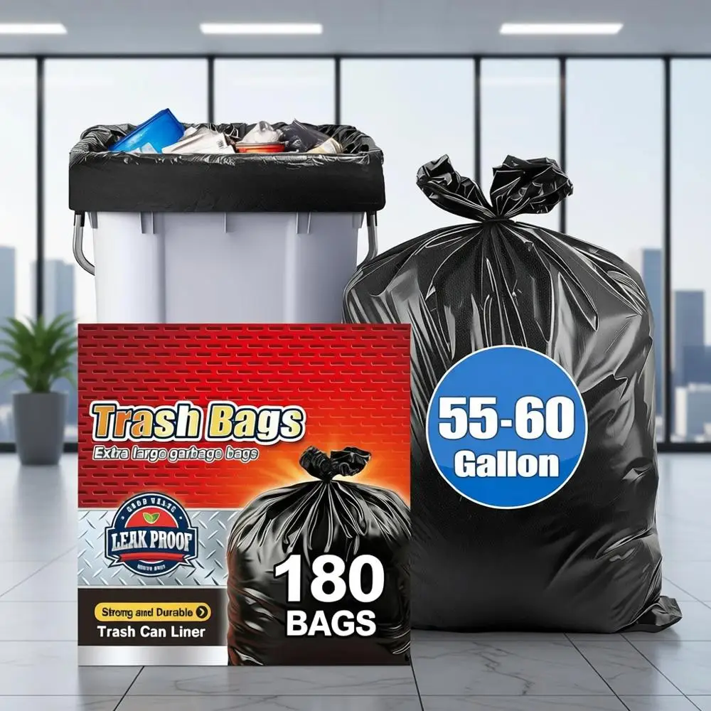 

Extra Large Heavy-Duty 55-60 Gallon Trash Bags | 180 Multi-Use Commercial Garbage Bags for Outdoor, Yard Waste, and Workshops