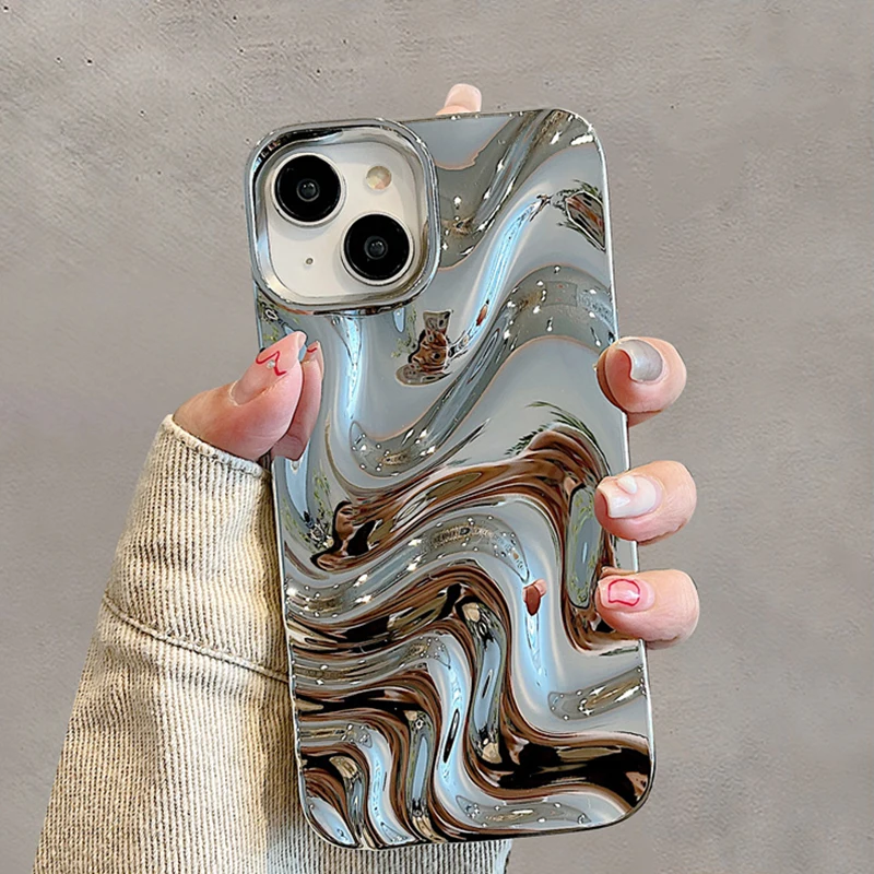 Caso Padrão 3D Onda para iPhone, Luxo Caso Prata chapeamento, Breve Soft Shockproof tampa traseira, Candy Color, iPhone 14, 13, 11, 12, 15 Pro Max