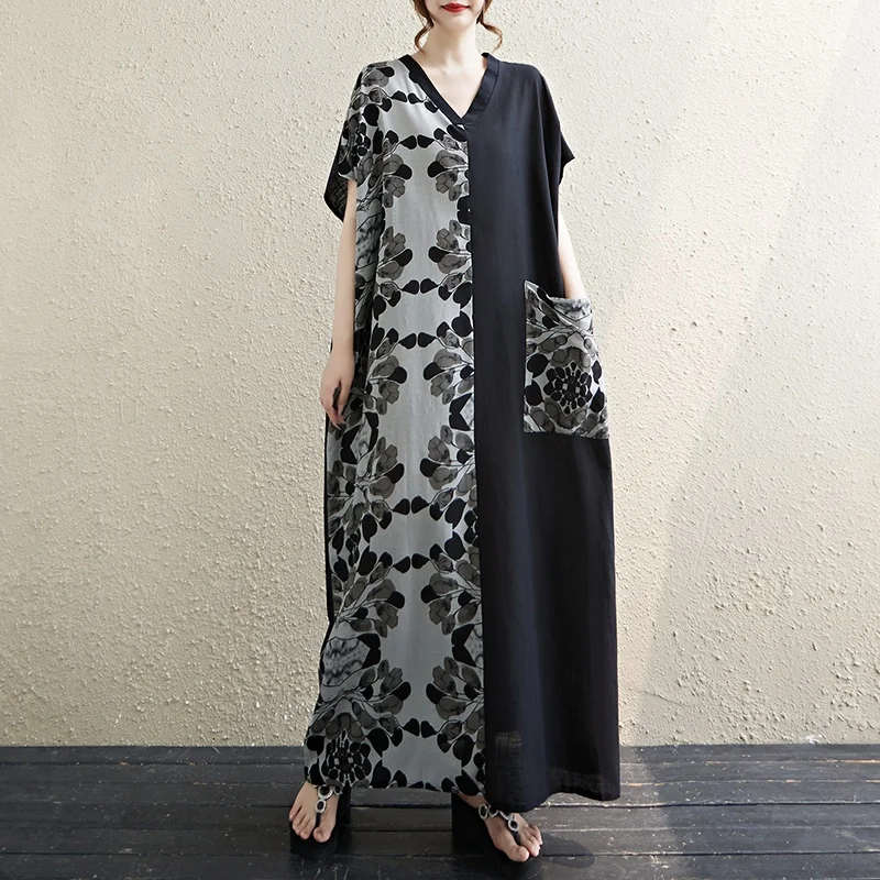 プラスサイズ レディース 夏 綿麻 Vネック 半袖 ワンピース ロング丈 カジュアル ゆったり ハイウエスト カラーブロック ワンピース