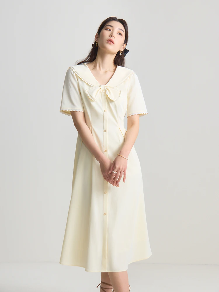 DUSHU 【2 Colors】Sweet Peter Pan Collar Design Women Single Breasted Dress Green Short Sleeve Mid-Calf A-LINE Skirt 24DS82275