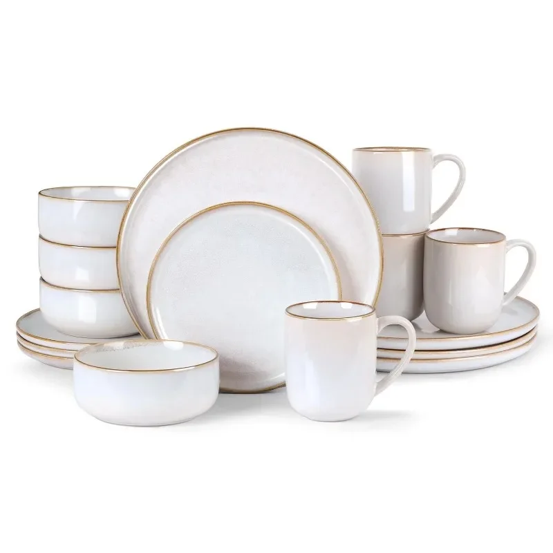 

Dinnerware Sets for 4, 16-Piece Stoneware Dish and Bowls Set, Handmade Reactive Glaze Coupe Plates Set, Chip & Scratch