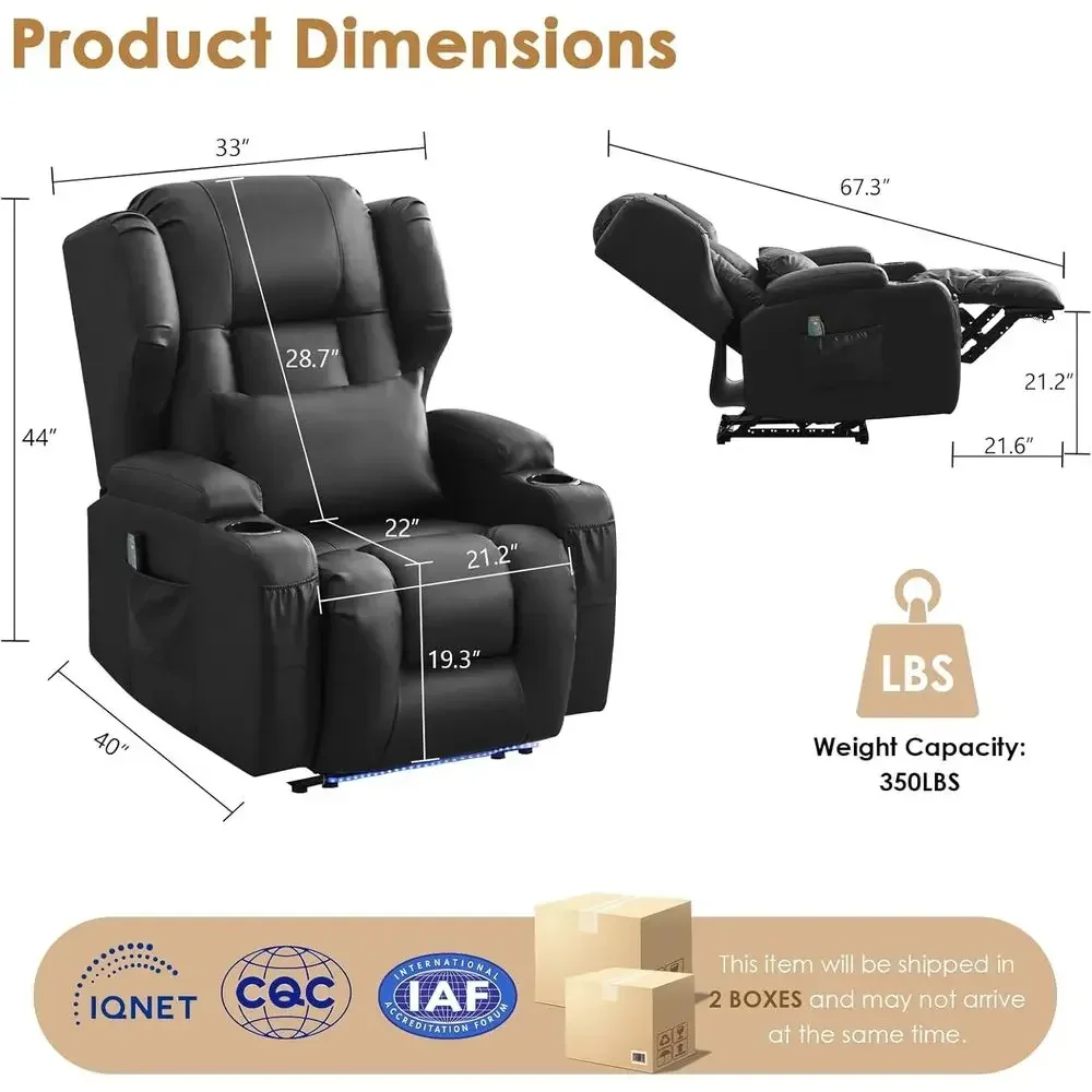 Wall Her Power Recliner Chair with Massage and Heat, aux Leather Electric Recliner Soa Chair or Living Room RV Theater Seating w