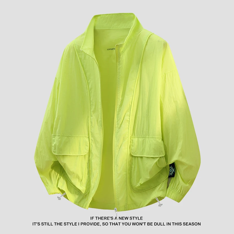 men's-fluorescent-green-stand-collar-ice-silk-sun-protection-clothing-lightweight-breathable-uv-protection-outdoor-workwear