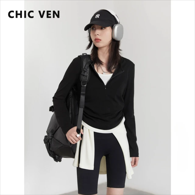 CHIC VEN T-Shirty damskie Casual O Neck Slim Kontrastowe plisowane koszulki z zamkiem błyskawicznym Kobiecy top Pullover Wiosna Lato 2025