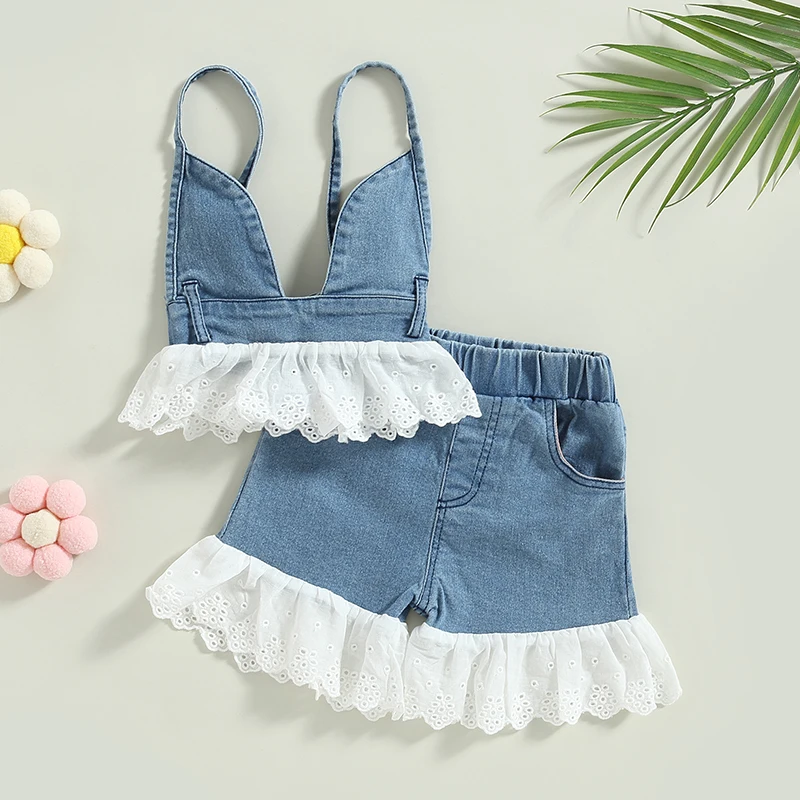 

Baby Girls Summer Clothes Sets Children Sleeveless Tie-up Tank Tops + Lace Trim Shorts Kids Denim Outfits