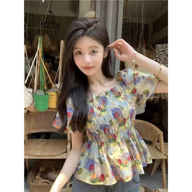 Ele Floral Print Bubble Sve ort Sve irt Women's Faion Design Slimming Waist Square Collar Chinese Sle Top