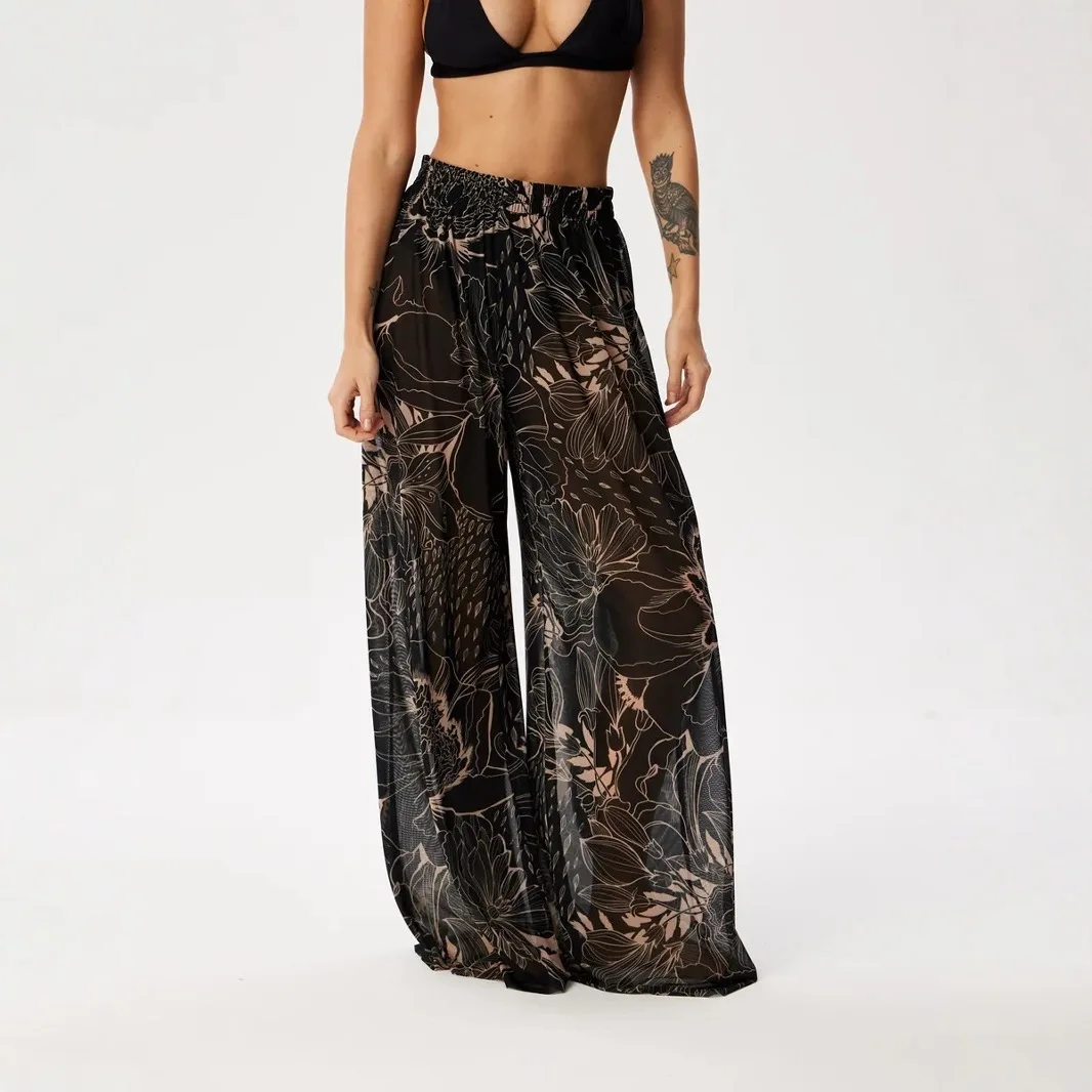 Women Mesh Ruffle Trim Cover Up Pants Beach Cover Up Cover Ups For Swimwear Beach Ruffle Pants 2025 Summer Pants