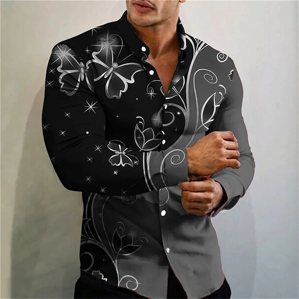 Floral illustration men\'s shirt stylish and comfortable long sleeve shirt outdoor sports streetwear large size men\'s clothing