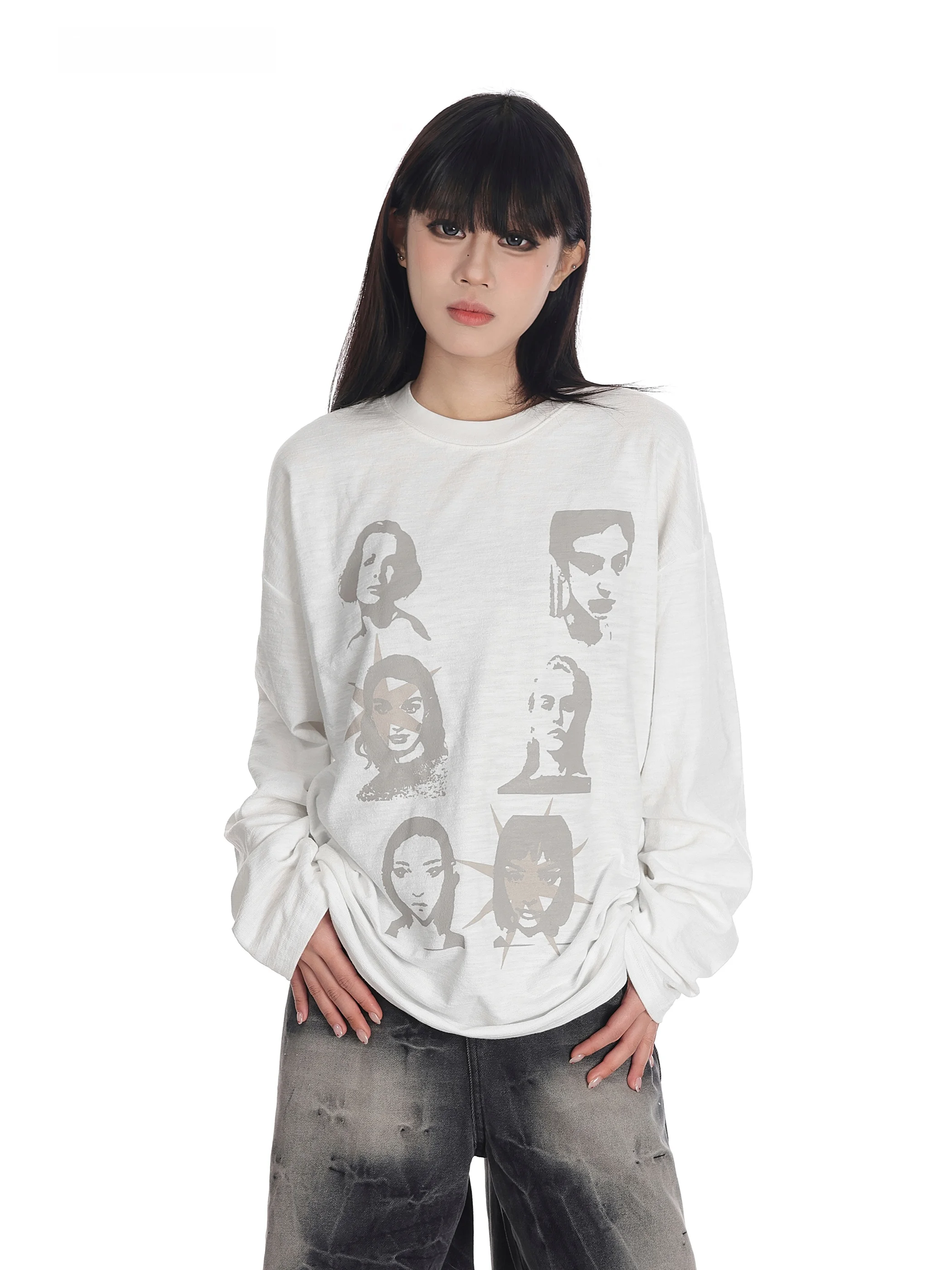 

Женская футболка Vinmuk с длинным рукавом и принтом в американском ретро-стиле, повседневная уличная одежда в стиле хип-хоп, модный топ из смесового хлопка