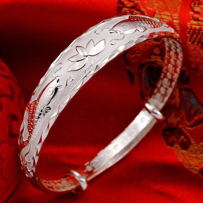 Hot charm trend 999 sterling silver Hyperbole Pisces play lotus bracelets Bangle for women classic fashion party wedding jewelry