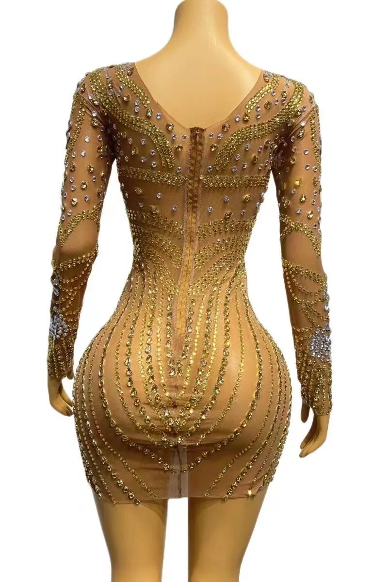 Women Sexy Stage Flashing Gold Rhinestones Birthday Celebrate Evening Club Costume Long Sleeves Dance Photo Shoot Outfit