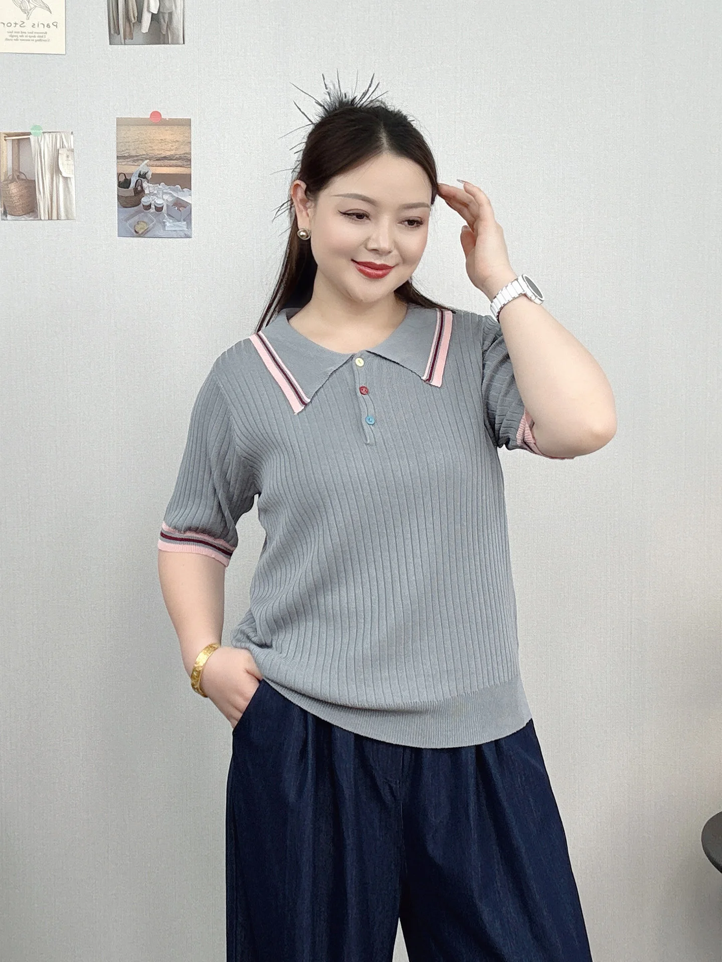 

Повседневная вязаная футболка с коротким рукавом для женщин, свободного кроя, больших размеров, модная, с цветными блоками, весенне-летний топ