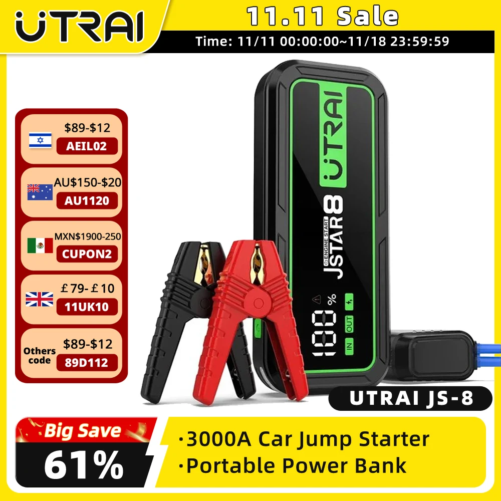 UTRAI Car Jump Starter Power Bank 3000A 20000mAh Starting Device Auto Emergency Battery Booster Jump Starter Car Battery Starter