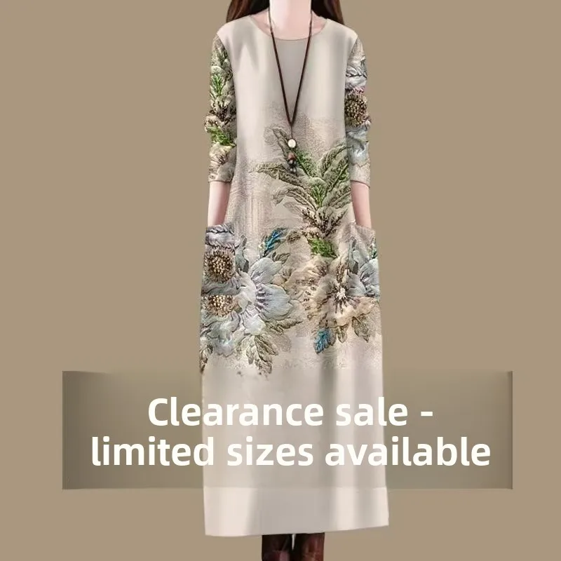 Ele Floral Print Long Sve Dr Damen Frühling Herbst Vintage Lose runde Ne Rock mit ket Casual Sle A-Line D...