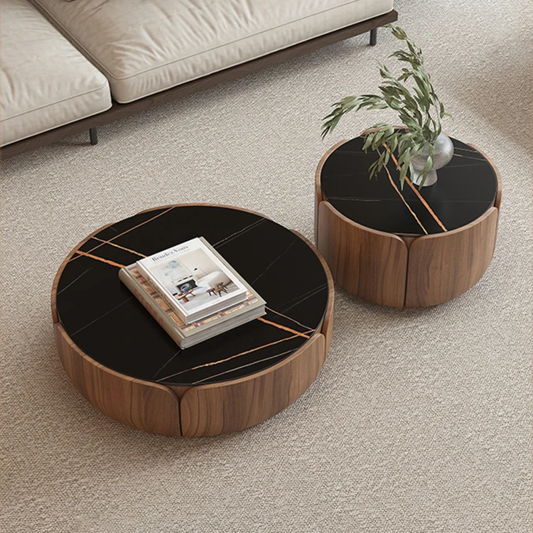 High end elegant coffee table set Light luxury living room wooden   New design modern black round   