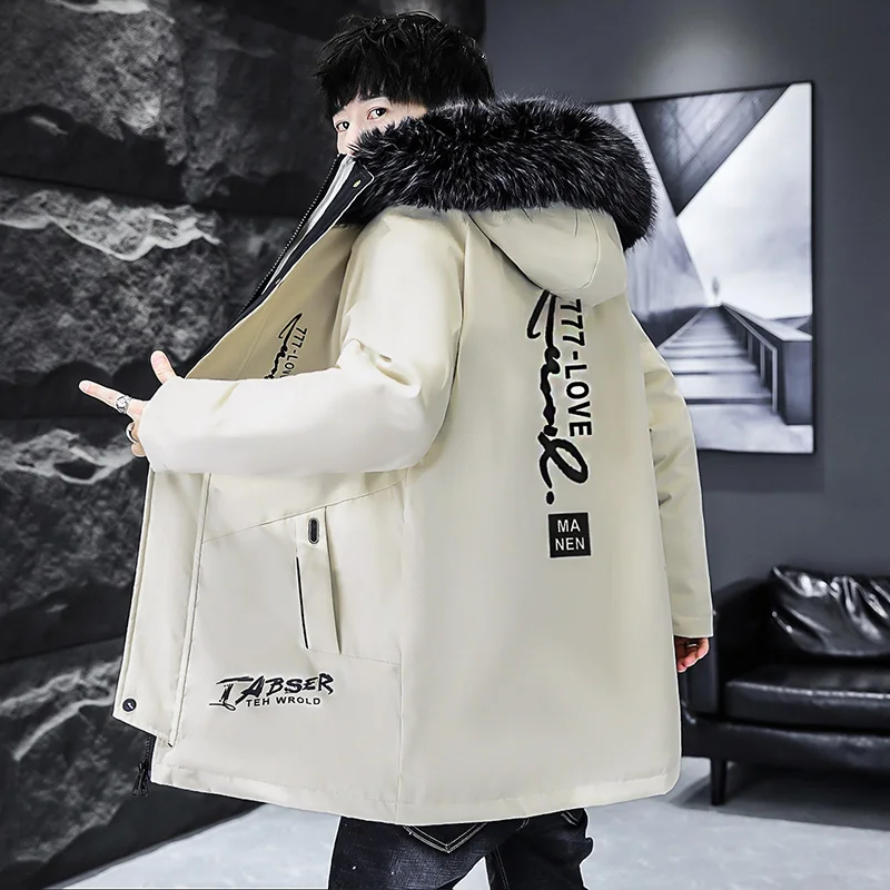 Fashion Men's Mid-Length Fleece Hooded Jacket 2025 Autumn Winter Casual Warm Plush Coats Outwear Thick Padded Windbreak Clothing