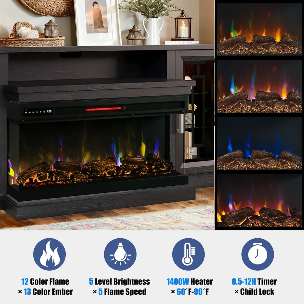 75 Inch Electric Fireplace TV Stand, 3- Side Glass LED Modern Media Entertainment Center Console Table for TVs up to 80/85 Inch