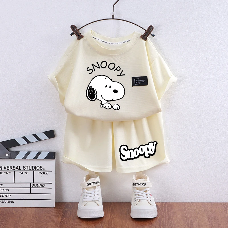 Snoopys Boy Girl Waffle Short-sleeved Shorts Set Children T Shirt Summer Cute Cartoon Tops and Bottoms Suit Fashion Clothes Tees