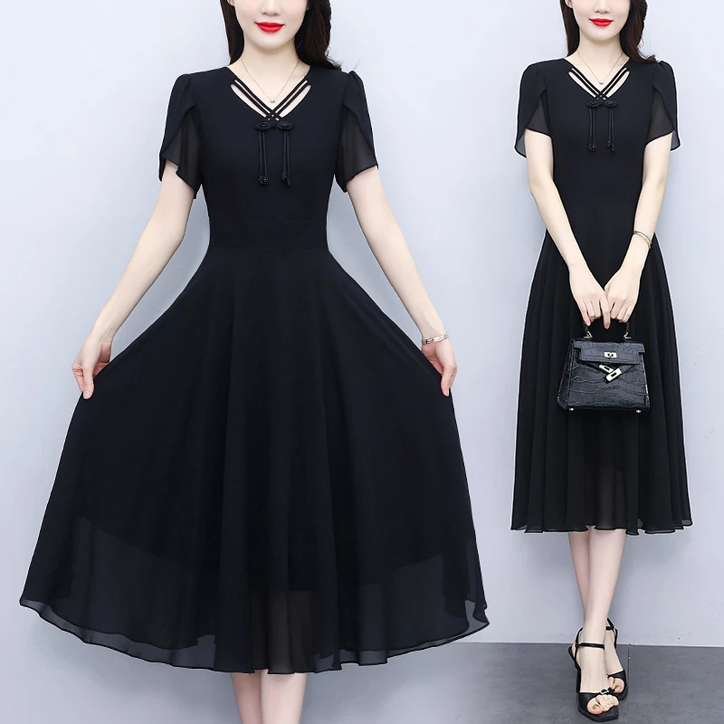 

Лето 2025 г., однотонное шифоновое повседневное платье миди, женское корейское винтажное черное платье Хепберн, весеннее элегантное облегающее платье с вырезами, Vestidos