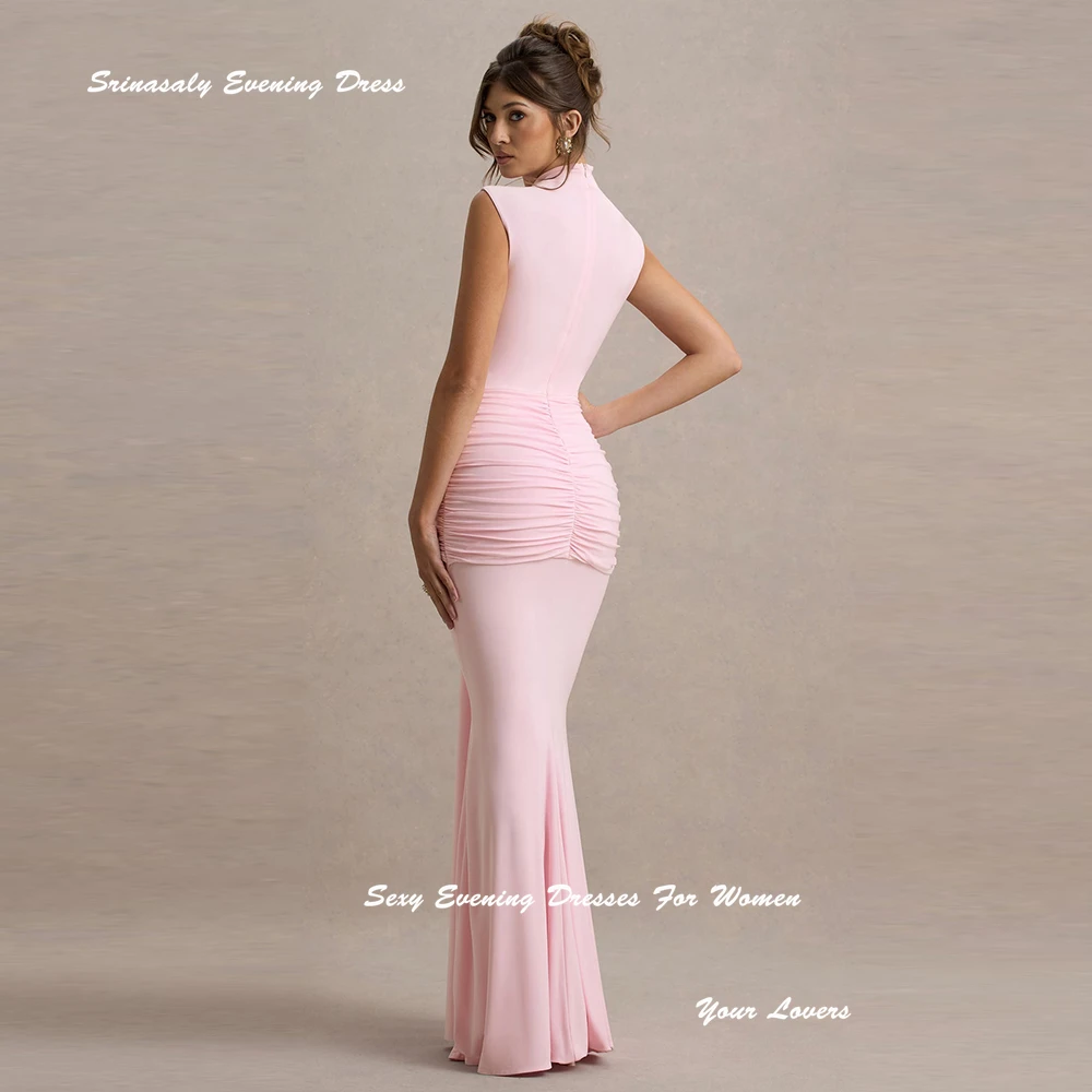 كريب فساتين السهرة الوردية المخصصة س الرقبة كوكتيل حزب العباءات مع عقدة مستقيم مطوي بلا أكمام فستان الحفلة الراقصة Ruched
