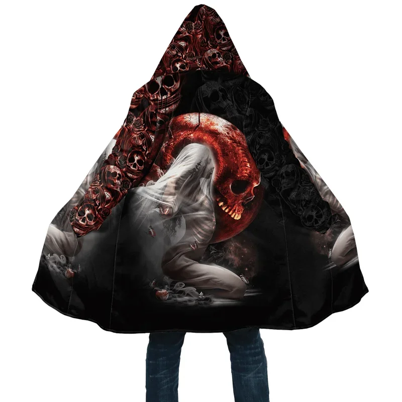 Fashion winter Mens Cloak Fire Reaper Skull Tattoo 3D Print Full Fleece Hooded Coat Unisex Casual Thick Warm Cloak Coat