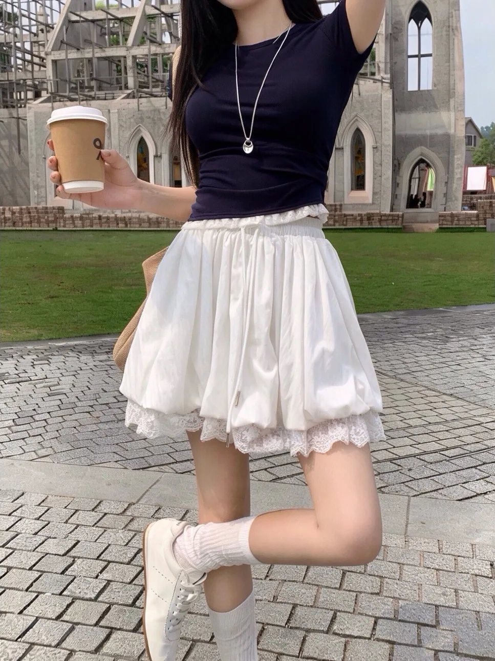 

Spring Summer 2026 Floral Lace Hem Puffy Short Skirt Women's Slimming A-Line Half-length Trendy Commute Style Korean Version