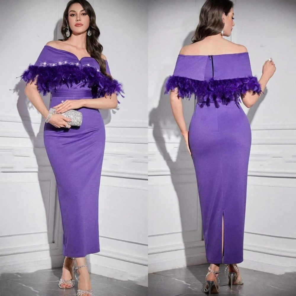High Quality Satin Pleat Feather Column Boat Neck Midi Dresses Evening Dresses Formal Fashion Elegant Simple Sparkle Intricate