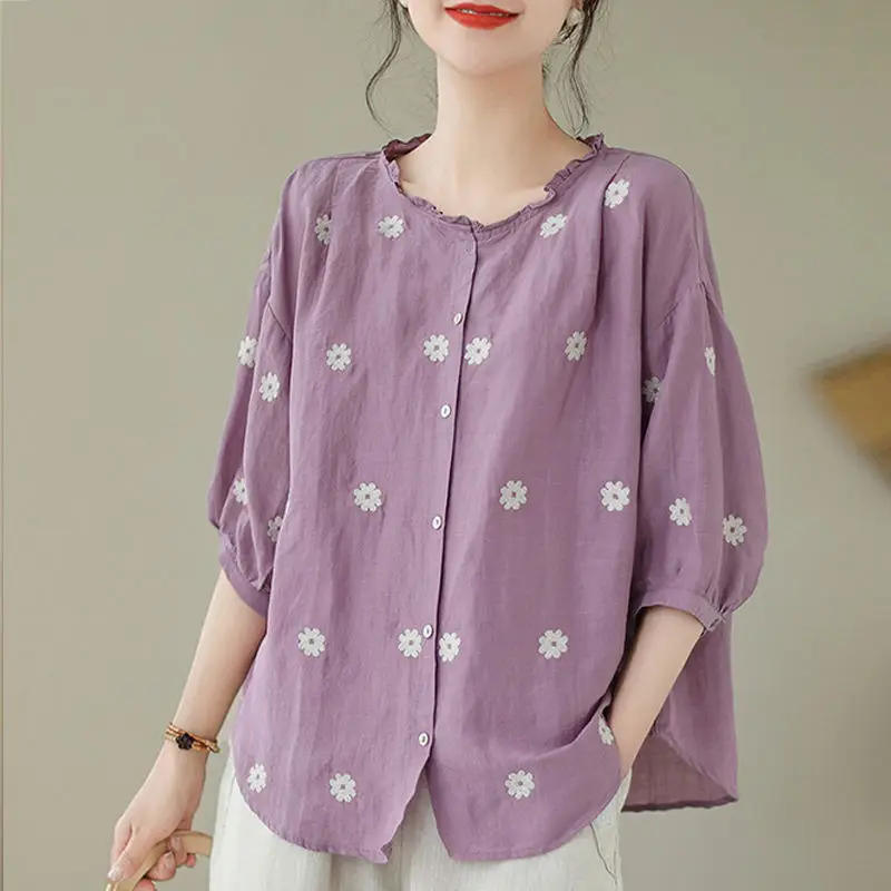 

Linen Short Sleeve Shirt Women Summer Loose Slimming New Chinese Style Blouse Plus Size Top