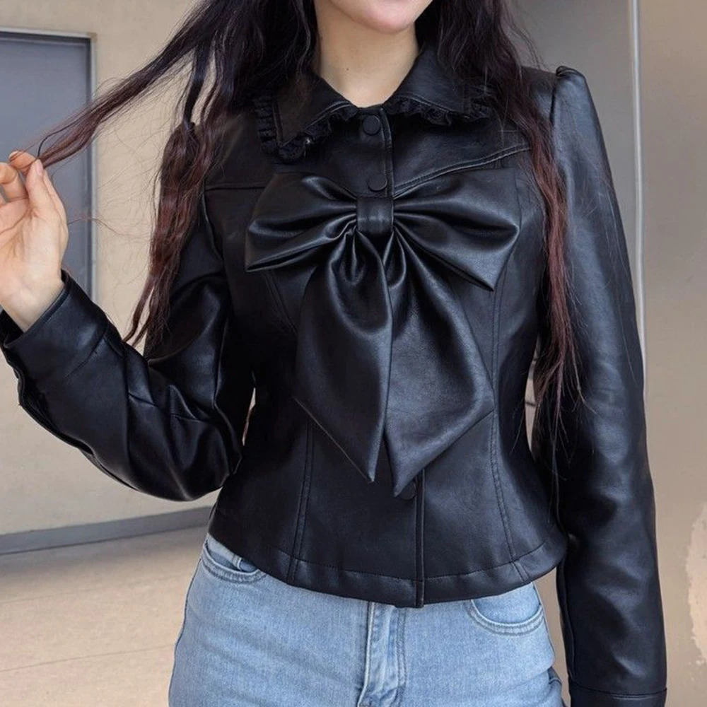 Big bow leather jacket autumn and winter trendy street fashion decorative buckle slim-fitting short high-profile leather jacket