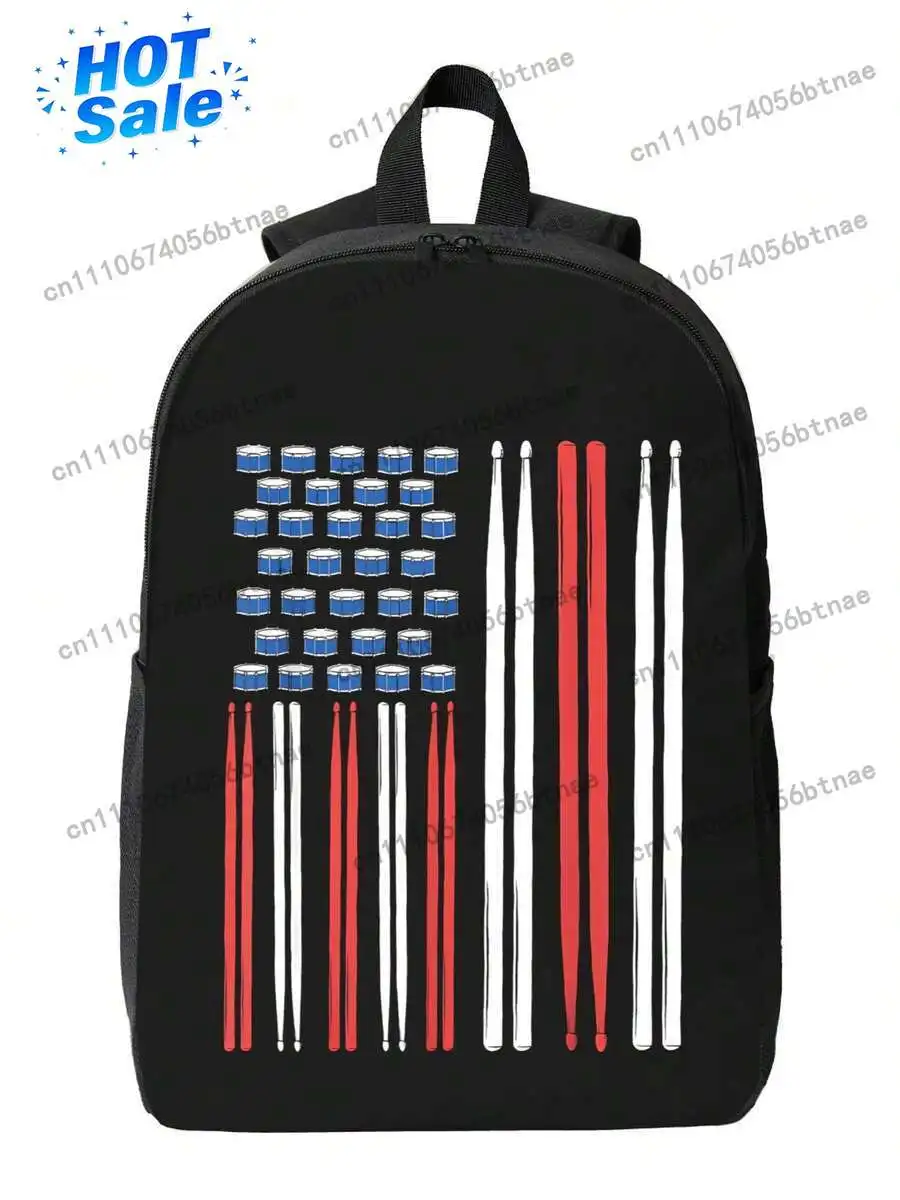 Drum Sticks US American Flag 3 Mochila negra unisex para adolescentes, correa ajustable para el hombro, bolsa para portátil de 15 pulgadas para uso diario en la escuela