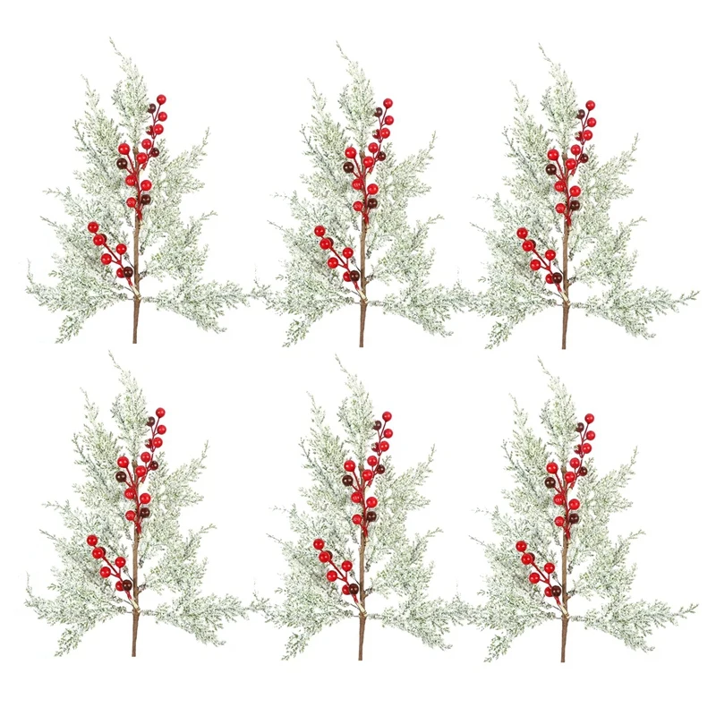 6Pcs Christmas Red Berries Stems Pine Branches With Snow 19Inch Frosted Faux Cedar Sprays Artificial Christmas Pine Tree